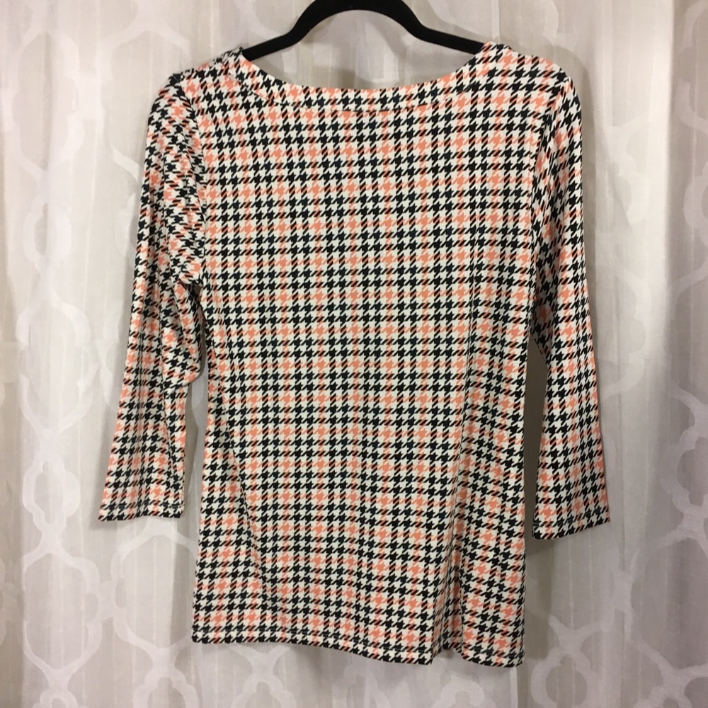 Ann Taylor Houndstooth 3/4 Sleeve Top Black Orange - Picture 2 of 8
